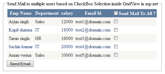 Send Email To Multiple Users Based On Checkbox Selection Inside Gridview In Asp Net C Vb Net Asp Net C Net Vb Net Mvc Jquery Javascipt Ajax Wcf Sql Server Example