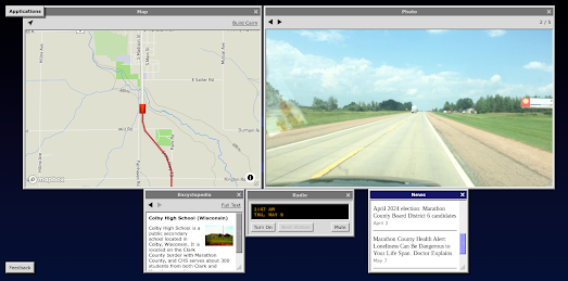 screenshot showing the map,street view image and current status of the America - Road Trip Simulator