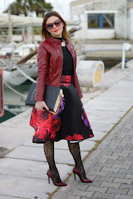 full floral print midi skirt, red leather jacket, Calzedonia crochet tights, Moschino notes bag, Fashion and Cookies, fashion blogger