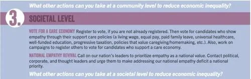 Call to action from The Great American Lie curriculum for high school and college students. Students are told to vote and help others vote for candidates “who show empathy through their support care [sic] policies”