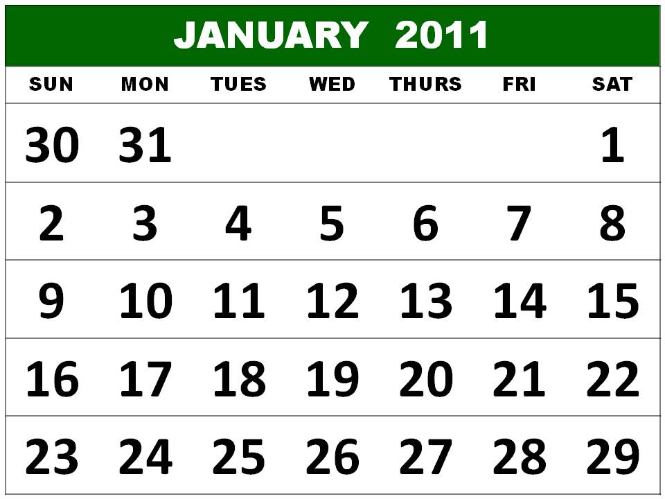 Free Big Calendar 2011 January Printable Template