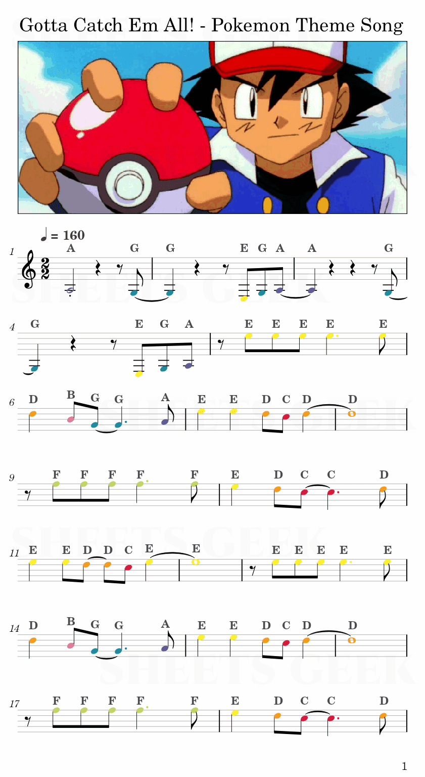 Gotta Catch Em All! - Pokemon Theme Song Easy Sheet Music Free for piano, keyboard, flute, violin, sax, cello page 1
