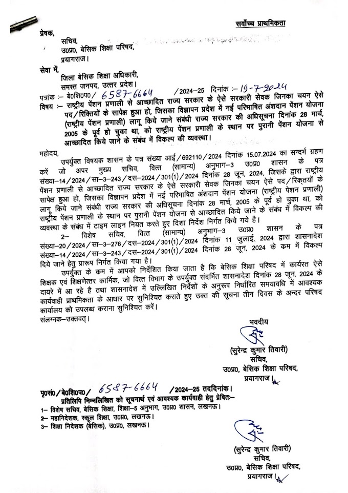 पेंशन विकल्प पत्र सचिव बेसिक शिक्षा परिषद का आदेश जारी