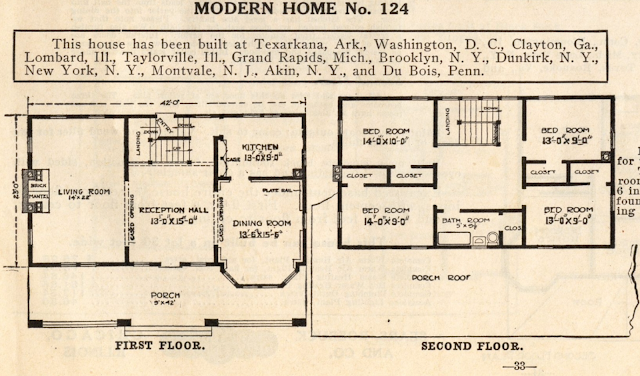 black and white drawing of Sears No. 124 floor plan, 1914 Sears Modern Homes catalog