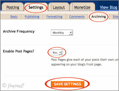 Screen shot of Blogger's settings to enable post pages