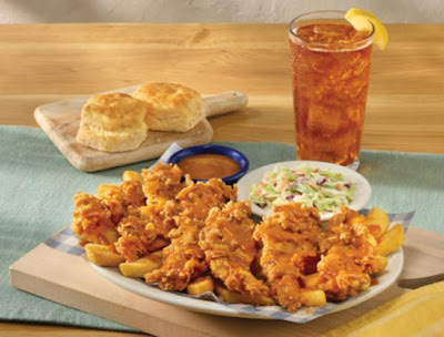 Cracker Barrel's Golden Carolina BBQ Tenders with sides and a drink.