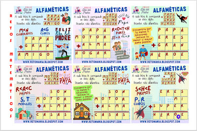 Desafíos matemáticos, Retos matemáticos, Problemas matemáticos, Pasatiempos, Retos mentales, Retos visuales, Juegos didácticos, Actividades lúdicas, Matemática recreativa, Alfamética, Criptoaritmética, Criptosuma, Juego de palabras, Suma de Palabras, Suma de letras, Día del Padre