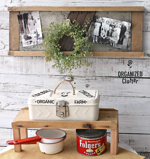 Thrift Shop Vintage Toolbox Gets A Farmhouse Makeover #dixiebellepaint #primamarketing #redesigntransfers #farmhousestyle #toolboxupcycle #upycle #repurpose