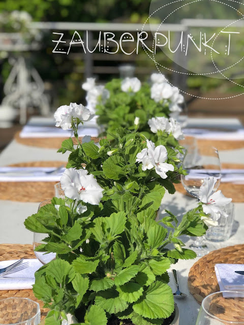 Mediterrane Tischdekoration mit Pelargonien, Geranien, englisches Pelargonium, Pelargonium for Europe, Sommer, Holidayfeelings at home