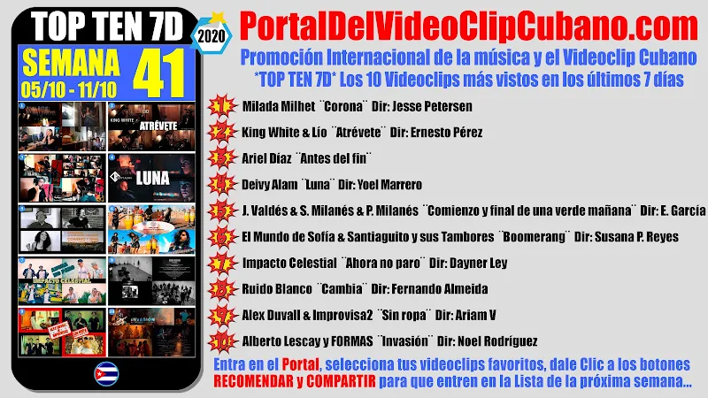 Artistas ganadores del * TOP TEN 7D * con los 10 Videoclips más vistos en la semana 41 (05/10 a 11/10 de 2020) en el Portal Del Vídeo Clip Cubano