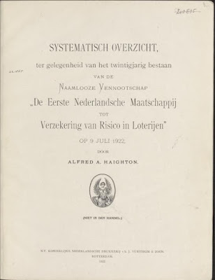 Voorzijde Systematisch overzicht ter gelegenheid van het twintigjarig bestaan van de Naamloze Vennootschap 'De Eerste Nederlandsche Maatschappij tot Verzekering van Risico in Loterijen'