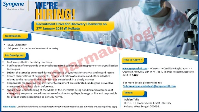 Syngene | Recruitment Drive for Discovery Chemistry | 27th Jan 2019 | Kolkata