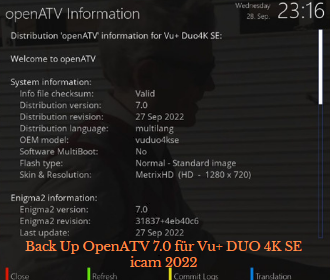 Back Up OpenATV 7.0 für Vu+ DUO 4K SE icam 2022