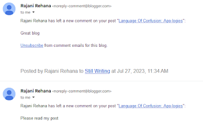 Two spam comments from Rajani Rehana, one saying Great blog, the other saying Please read my post.