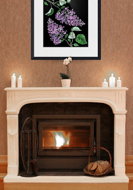 Lilac Botanical Watercolor Flower painting in interior decor 