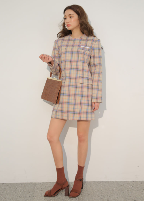 Flap Pocket Check Shift Dress