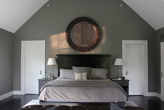 Modern farmhouse bedroom with grey walls and white trim on Hello Lovely Studio