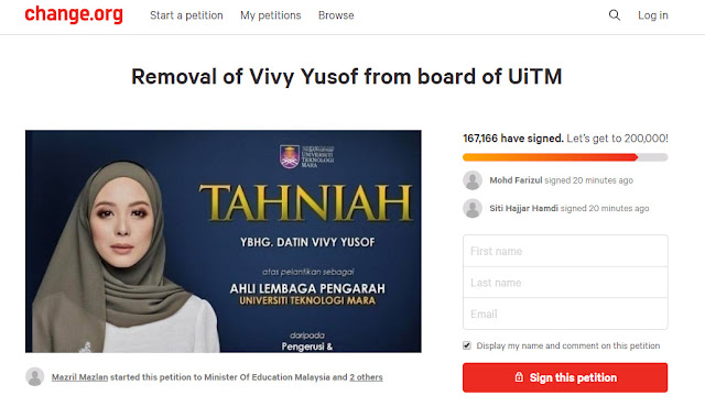 Petition Terhadap Kedudukan Vivy Yusof Berjaya Mengumpul Lebih 150,000 Tandatangan Dalam Sehari