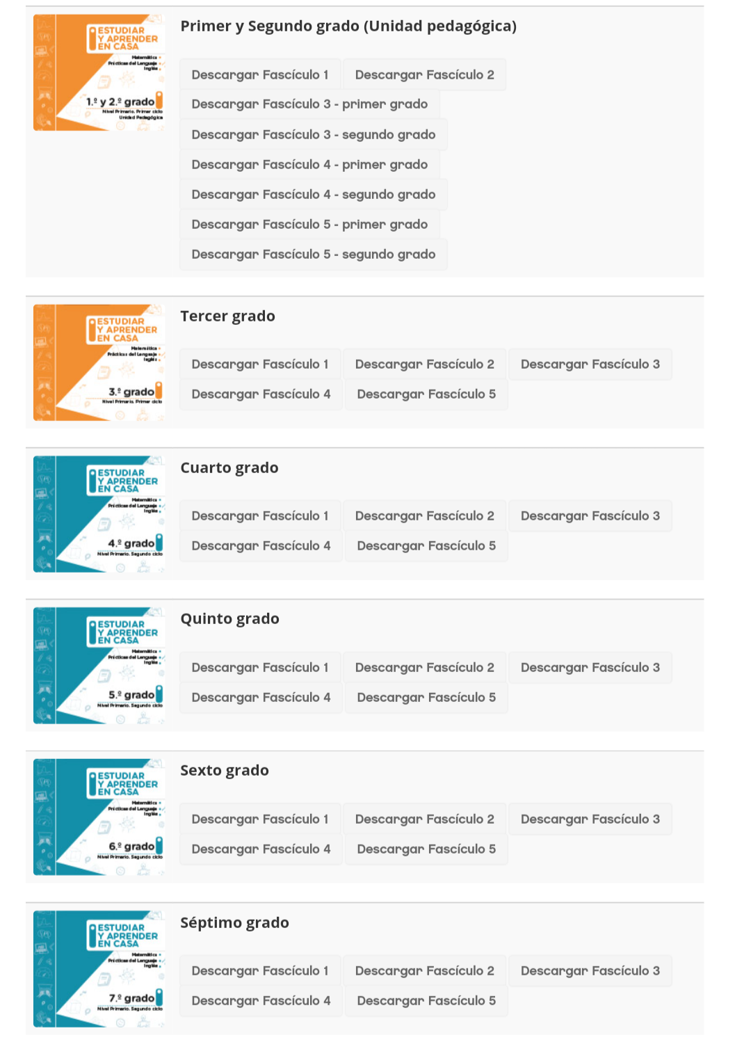 Fascículos de Matemática, Prácticas del Lenguaje e Inglés para todos los grados del nivel primario.