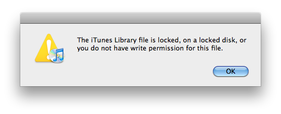 Unable to open iTunes-The iTunes Library file is locked, on a locked disk