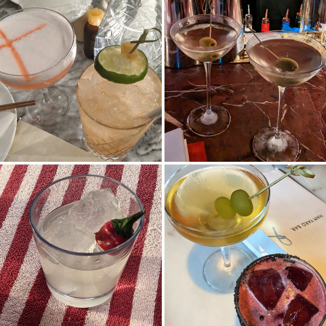 Image showing four cocktails to depect where to find the best cocktails in london. Clockwise from top left, drinks at Kaia, Langan's, Shoreditch House and Ham Yard Hotel