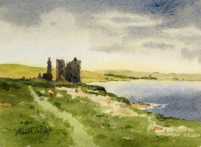 Watercolour painting of a castle on the coast in Caithness