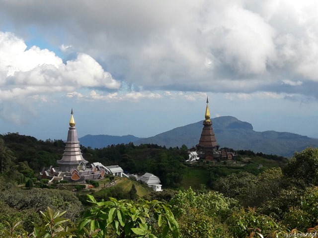 King and Queen Chedi as seen along the Kew Mae Pan trail. The mountain in the background has the nickname “Tiger Mountain”. because it looked like the side profile of a tiger’s head.