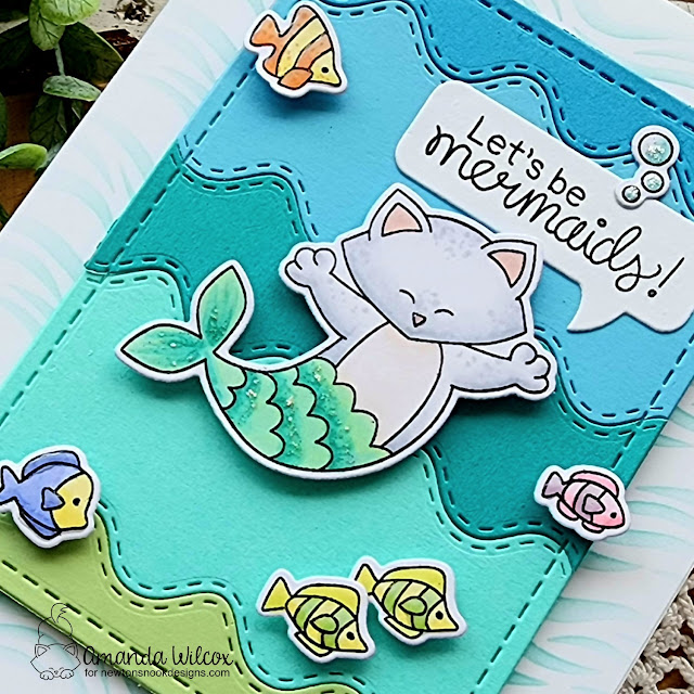 Let's be Mermaids Card by Amanda Wilcox | Purr-maid Newton Stamp Set, Scuba Newton Stamp Set, Sea Borders Die Set, Waves Stencil, and Frames & Flags Die Set by Newton's Nook Designs #newtonsnook