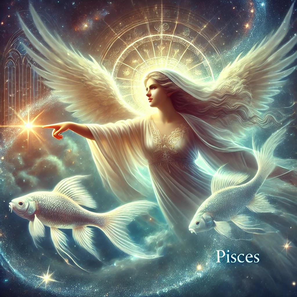 A celestial angel pointing toward the heavens, reminding Pisces to trust in the guidance of the divine.