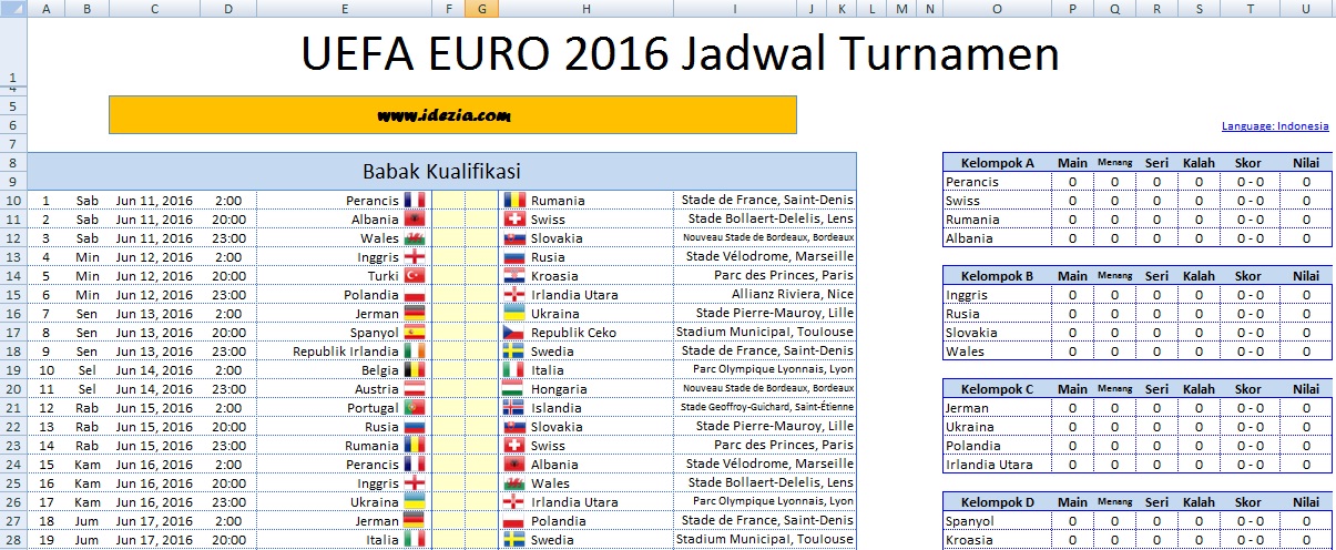Download Jadwal Euro 2016 Perancis File Excel xls - Idezia