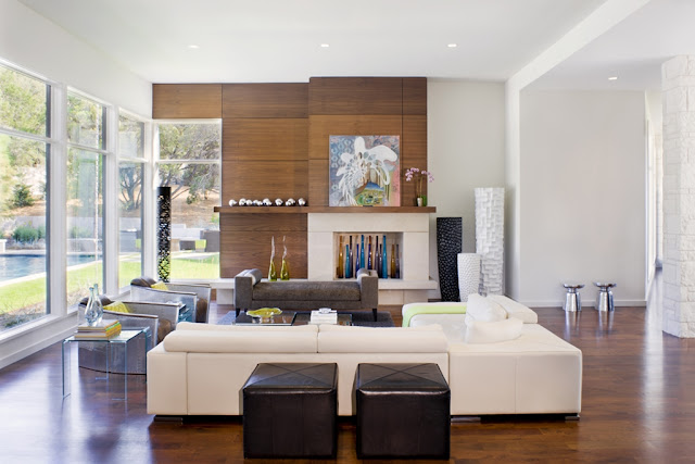 Photo of modern furniture and wooden wall in the living room of Blanco House