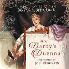 Miss Darby's Duenna audiobook cover. A young man with blond curls sits on the edge of a bed slipping a pink slipper onto his foot.