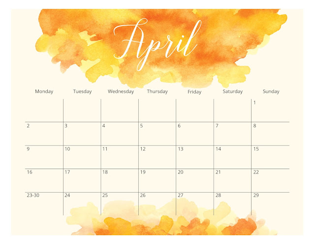 Watercolor Splash April 2018 Calendar with Monday as the first day of the week