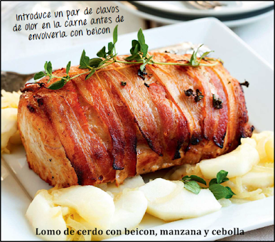 Lomo de cerdo con beicon, manzana y cebolla