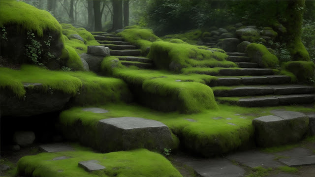 Stairs with grass wallpaper