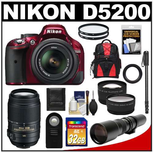 Nikon D5200 Digital SLR Camera & 18-55mm G VR DX AF-S Zoom Lens (Red) with 55-300mm VR + 500mm Telephoto Lens + 32GB Card + Backpack + Tele/Wide Lenses + Monopod + Accessory Kit