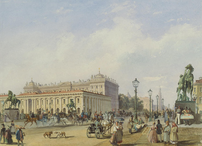 Nevsky Prospekt by Anichkov Bridge by Ludwig Franz Karl Bohnstedt - Architecture, Cityscape, Landscape Drawings from Hermitage Museum