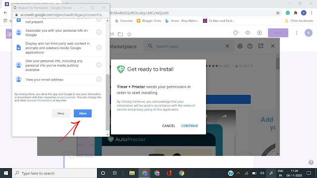 Timer + Proctor installation process, allowing timer + proctor to access google account.