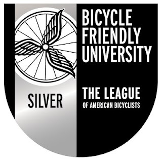 A shield shaped logo that bears the Silver rating for the Bicycle Friendly University competition awarded by The League of American Bicyclists