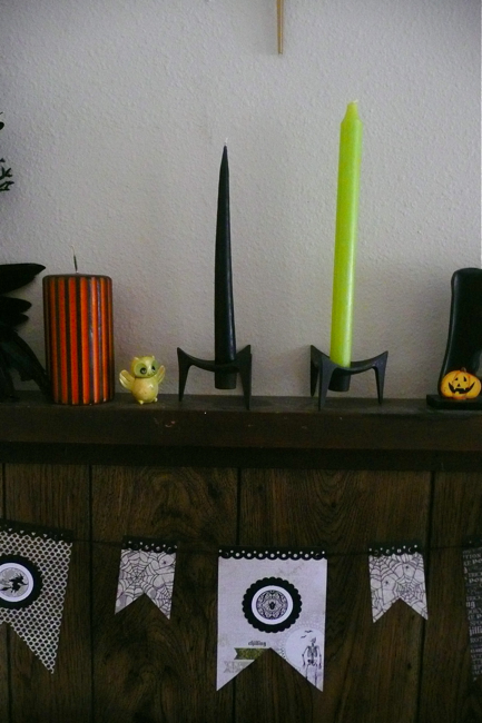 style, design, surface, styled surface, mantle, Halloween, danish candleholders, vintage, vintage owls, Hong Kong owls, My Mind's Eye paper banner