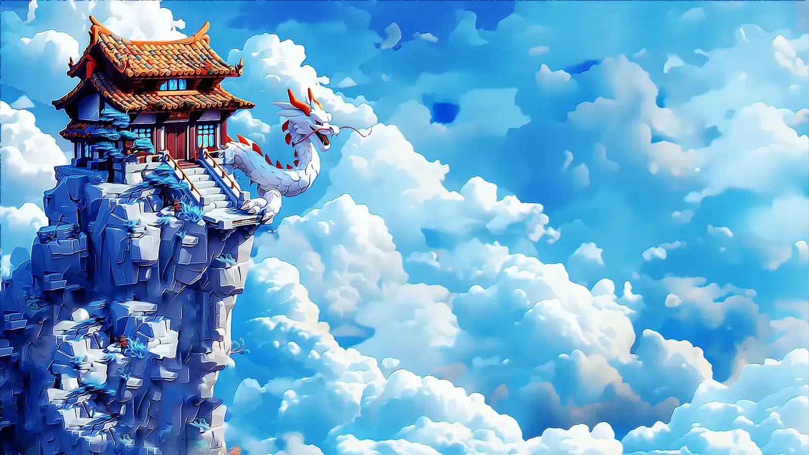 Mystical pagoda atop a craggy peak with a traditional dragon statue winding around it, set against a backdrop of fluffy clouds in a vivid blue sky.