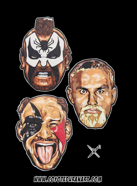 The Legion of Doom/The Road Warriors: Road Warrior Animal, Precious Paul Ellering and Road Warrior Hawk. Micron pen, Pentel Pocket Brush pen and Copic Marker on 5.5" X 8.5" sketch paper. Art by Coyote Duran