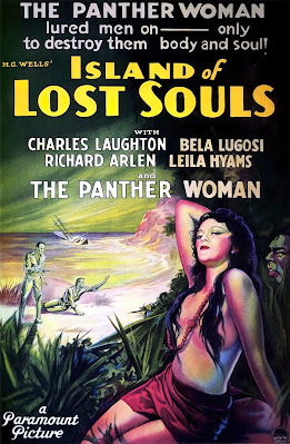 Promotion poster for the 1932 film, "Island of Lost Souls", depicting a scantily dressed woman and a "beast man" spying on her.