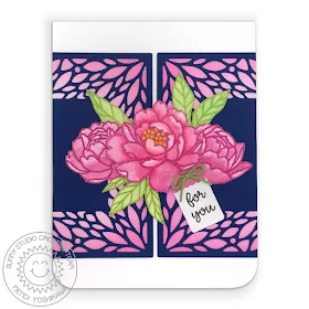 Sunny Studio Blog: Navy & Pink Watercolor Peony Flower Just For You Handmade Card (using Pink Peonies Stamps, Blooming Frame Dies & Sweet Treats Tag Die)