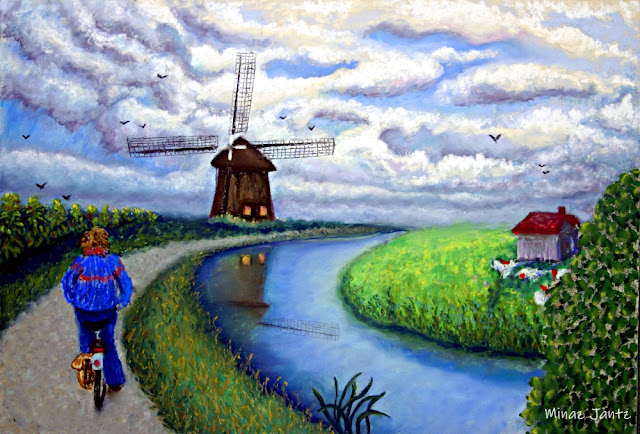 Holland Windmill Bike Ride (Pastel) by Minaz Jantz