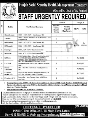 Applications are invited for IT, HR, Nurses & Medical Posts in Punjab Social Security Health Management Company (PSSHMC) 2018.