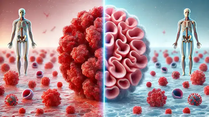 Medical illustration comparing inflamed vs healthy tissue showing natural inflammation reduction process