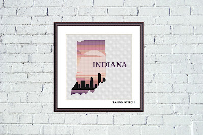 Indiana state map skyline silhouette cross stitch pattern - Tango Stitch