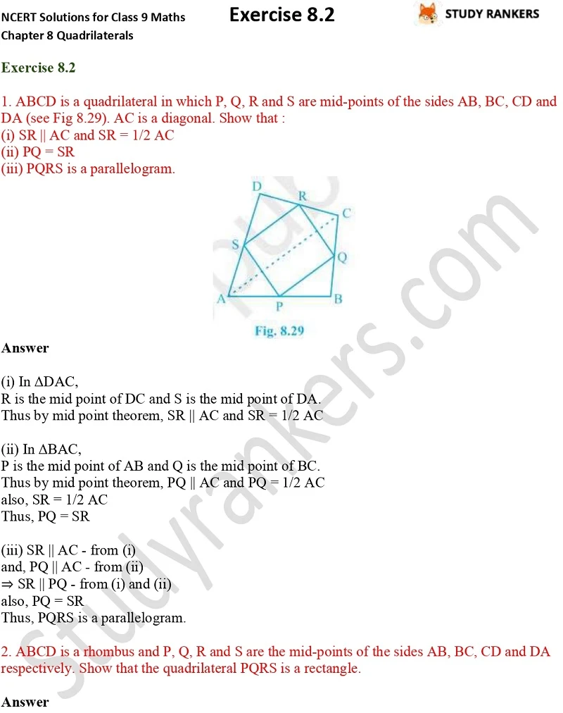 .NCERT Solutions for Class 9 Maths Chapter 8 Quadrilaterals Exercise 8.2 Part 1