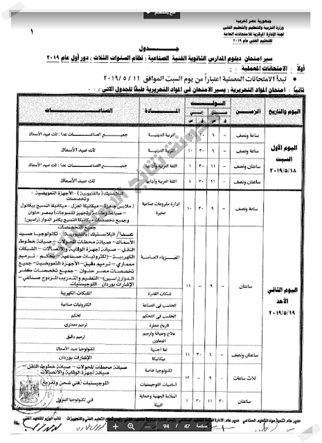 جداول امتحانات دبلوم الفنى الصناعى 2019 بالصور كامل - جدول امتحانات الدبلومات الفنية